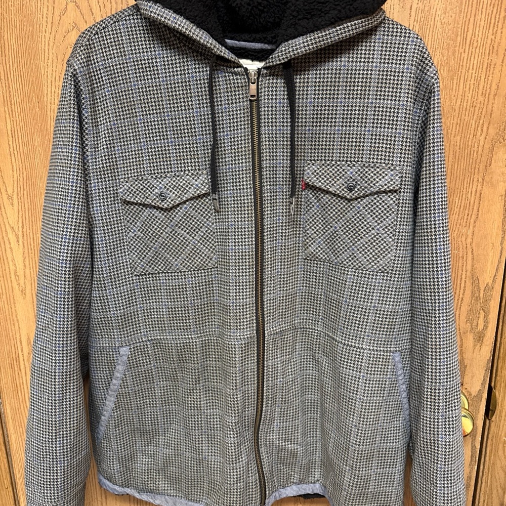 Levi Strauss Gray Houndstooth Sherpa Lined Hood Full Zip Jacket Mens Size XL